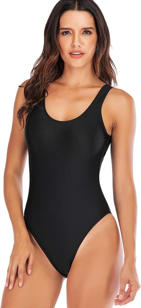 YELAIVP Women's Retro Scoop Neck Padded One Piece Swimsuits High Cut Low Back Bathing Suits Swimwear Bodysuit (Large, Black)