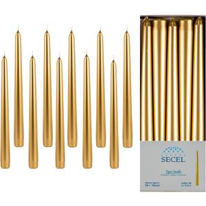 Pack of 10 Taper Candles, 10 Hours Time, Dripless, Smokeless, Paraffin Wax, with Cotton Wicks, 10 inches, Colorful, Birthday, Home Decor, Weddings, Valentines Day (10, Metallic Gold)