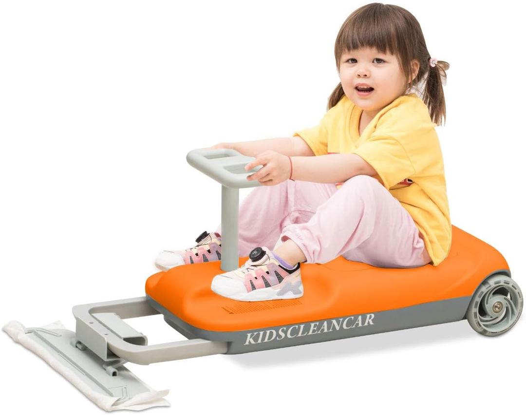 12V Ride-On Car with Cleaning Fun, 3 in 1 Gokart, Soft-Start, 5-Speed Adjustable, Detachable mop, Rechargeable Battery, 160lbs Capacity, Indoor & Outdoor for Kids Ages 3+ Orange, 13 inches x 14 inches x 26 inches
