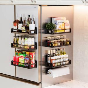 7 Pack Magnetic Spice Storage Rack Organizer for Refrigerator and Oven, Black Fridge Organizers and Storage, Paper towel holder, Punch and no-punch dual purpose