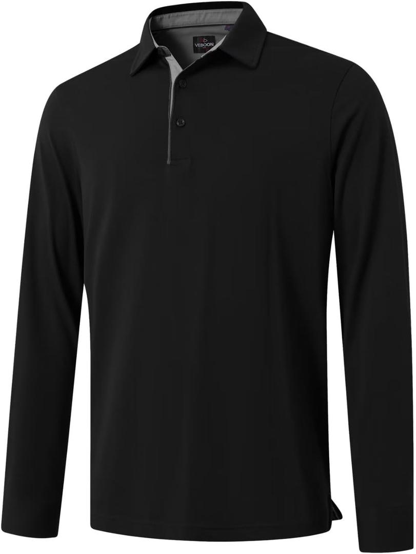 Men's Business Long and Short Sleeve Polo Shirts Mercerized Cotton Blend Casual Stylish Collared Shirts (Black, L)