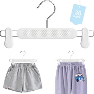 Baby Kids Pants Hangers with Clips 30 Pack, Frosted Embossing Adjustable Heavy Duty Skirt Hangers for Women Toddler, Children, Space Saving Non-Slip with 360 Swivel Hook (White)