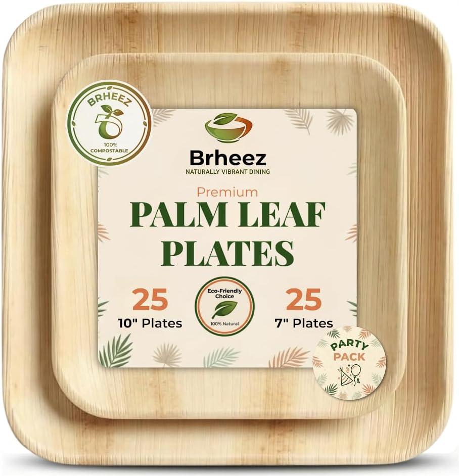 brheez Bamboo Plates Disposable Palm Leaf Plates | 10 inch bamboo dinner plates | Eco Compostable Biodegradable Plates | 10&7 Inch (50 pc)