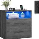 VASAGLE Custos Collection - 23.6 Inch Wide Nightstand with Charging Station, LED Lights, Modern Night Stand, Side End Table with Drawers, Open Shelf, 2 AC Outlets USB Ports, Misty Gray