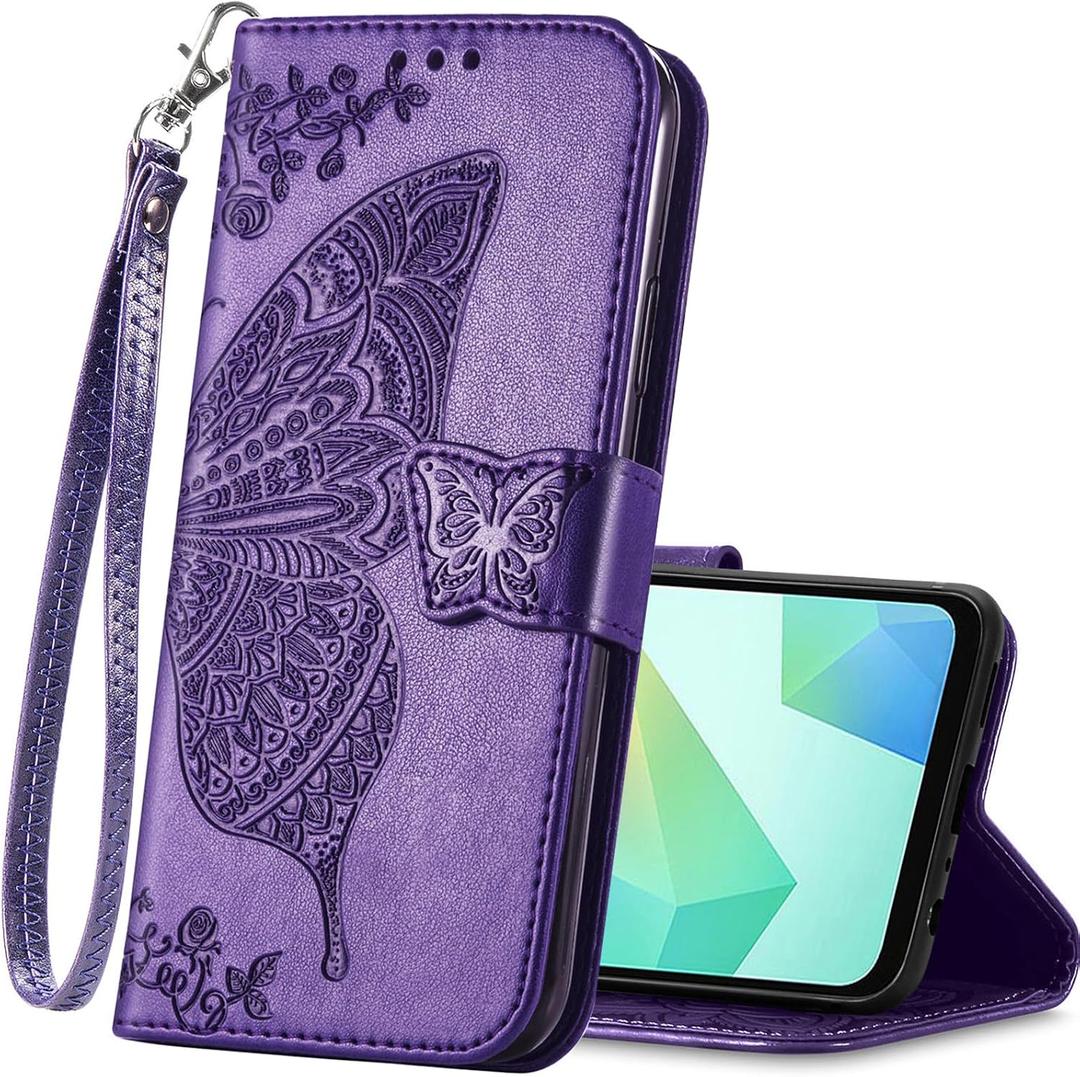 for Samsung Galaxy S26 Wallet Case,Women Flip Folio Cover Credit Card Holders Emboss Butterfly Flower PU Leather Purse Wrist Strap Kickstand Phone Case for Samsung Galaxy S26 Purple