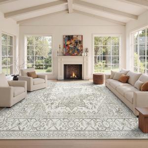 Area Rugs for Living Room - 9x12, Boho Non-Slip Low Pile Carpet Machine Washable Rugs for Bedroom, Farmhouse, Office, Dining Room (Beige)