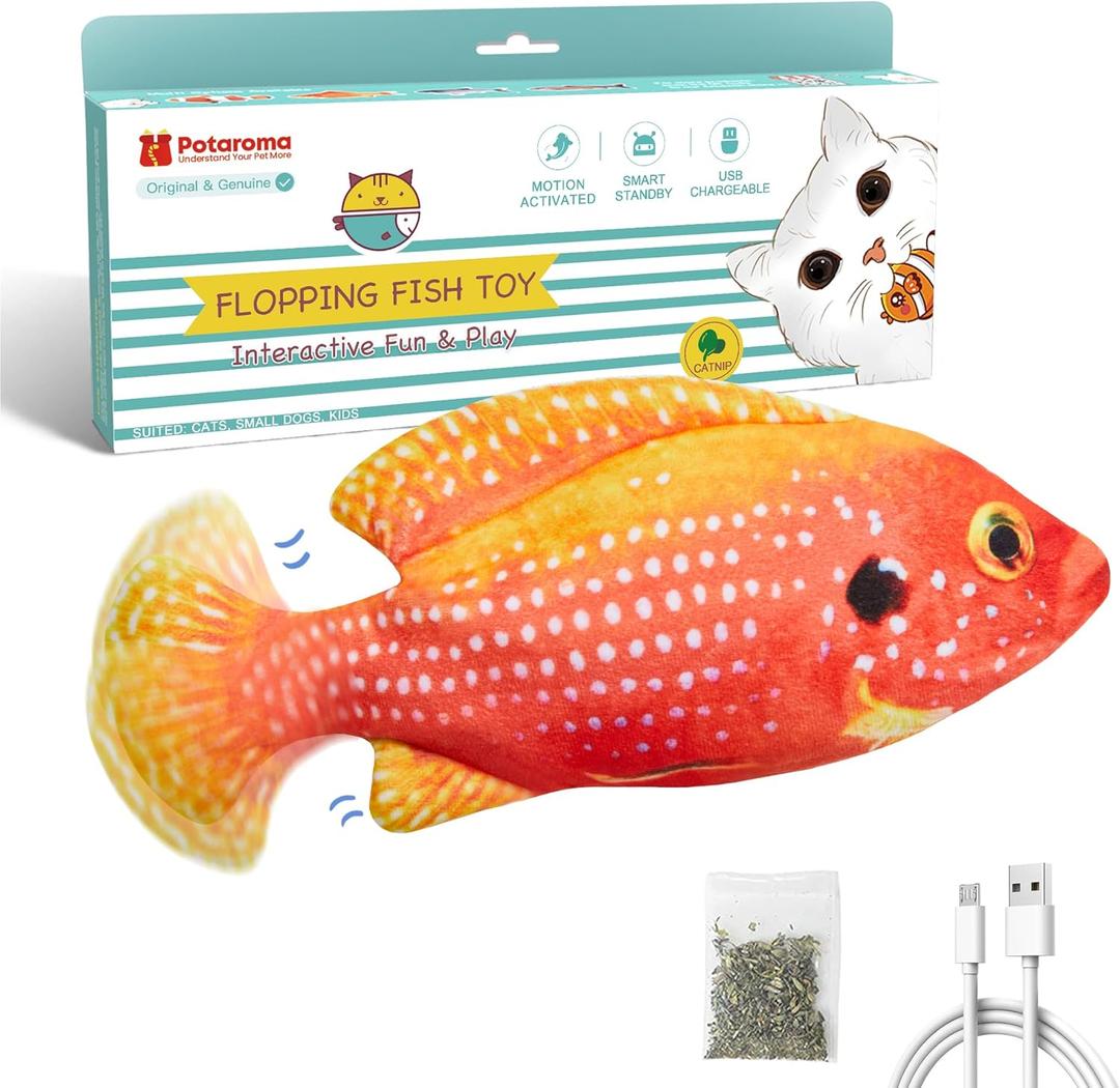 Potaroma Flopping Fish Cat Toy, Interactive Moving Floppy Gemfish, Catnip & Silvervine Enrichment, Kitten Kicker Indoor Exercise for All Breeds, 10.5 Inches