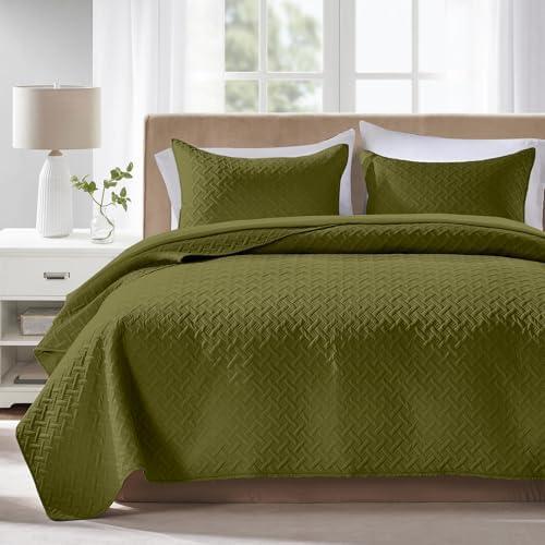 FLYMME Quilts Queen Size,Lightweight Olive Green Bedspreads,Basket Weave Pattern,Ultra Soft Microfiber Bed Coverlet 3 Pieces for All-Seasons (1 Quilt,2 Shams)