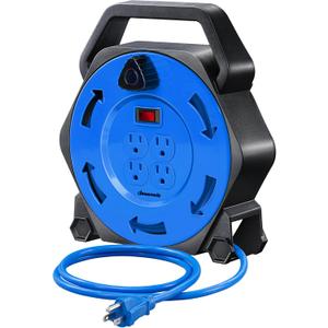 DEWENWILS Extension Cord Reel with 25 FT Power Cord, Hand Wind Retractable, 16/3 AWG SJTW, 4 Grounded Outlets, 13 Amp Circuit Breaker, Blue, Blue Cord, UL Listed