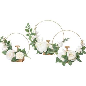 Ling's Moment Candle Holder Hoop Wreath Floral Centerpieces for Sweetheart Table, Head Table, Ceremony Reception Artificial Flowers Decorations (Set of 3, White)