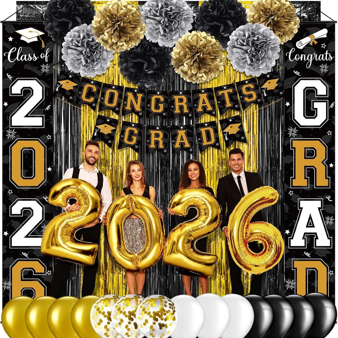 Graduation Party Decorations Class of 2026, Graduation Decorations with Congrats Grad Banner Fringe Foil Curtain Paper Flower Ball Balloon for High School College Graduation Party Supplies, Black Gold
