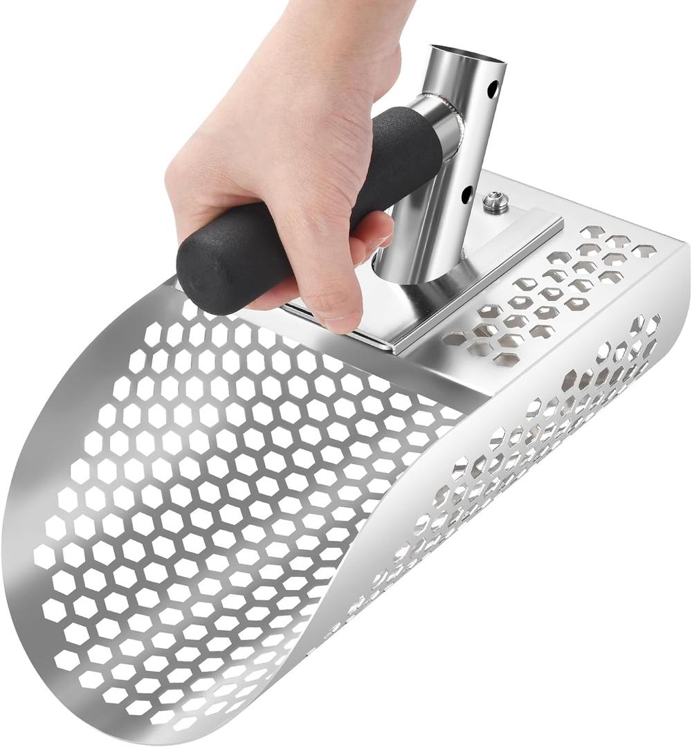 GADFISH Sand Scoop for Metal Detecting, Heavy Duty Metal Detector Beach Finds Scoop, Stainless Steel Metal Detecting Tool Digging Shovel Fast Sifting Stainless Steel Shovel, Slver