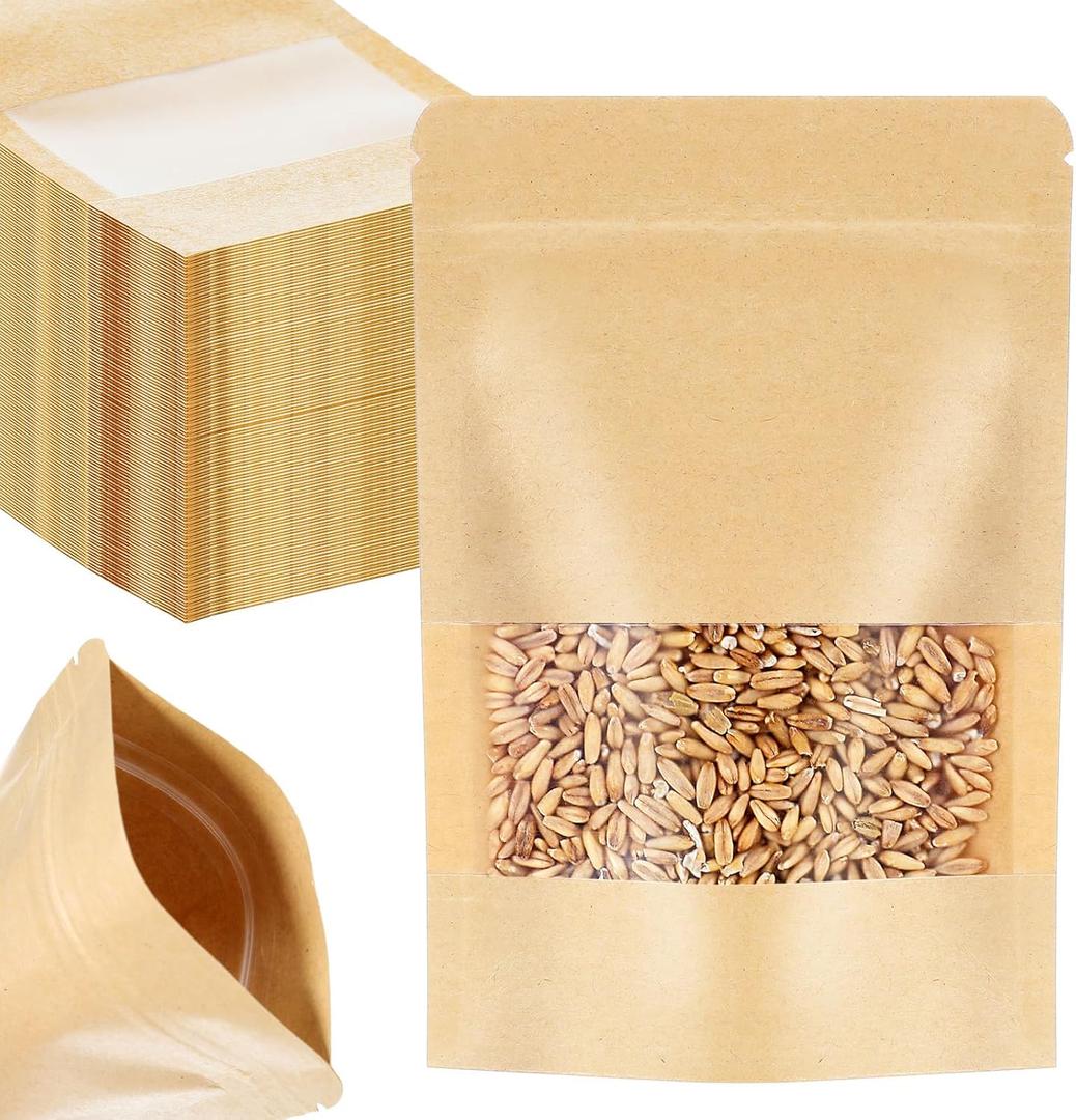 400 Pcs Paper Stand Up Resealable Bags with Window, 4x6 Inch Heat Sealable Zipper Sealing Food Storage Pouches for Packaging Business, Home, Coffee, Brown