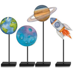 Yinkin 4 Pcs Space Centerpieces for Tables Outer Space Party Decorations Wooden Standing Rustic Planets Earth Block for Solar System Birthday Decorations Themed Party Supplies Tiered Tray Decor