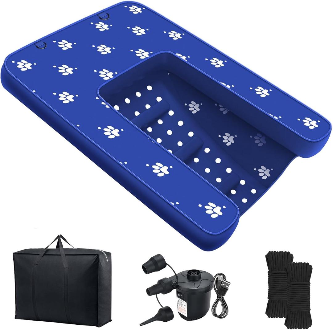 Inflatable Dock Platform with Electric Pump, Dog Boat Ramp Floating Non-Slip Oxford and PVC with Water Ramp for Dogs Pool, Dock, Lake with Traction Rope Dark Blue (4.7ft x 3ft x 6in)