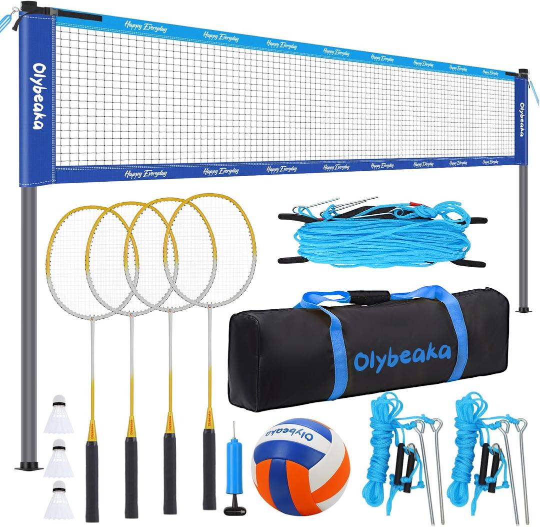Outdoor Volleyball Badminton Combo Set with Net, Anti-Sagging Design, 4 Badminton Rackets, 3 Birdies and PU Volleyball for Backyard Lawn Beach (Deep & Light Blue Colorblock)