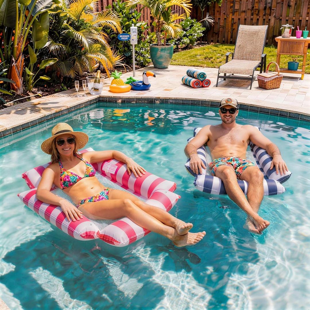 Pool Floats Adult Inflatable Hammock with Cooling Mesh, Portable Foldable Water Chair for Beach Vacation Essentials, Striped Floaties for Adults, Lightweight for Travel & Summer Relaxing, Large