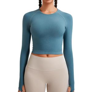 RUNNING GIRL Long Sleeve Workout Tops for Women Soft Crew Neck Basic Tight Cropped Top Casual Seamless Shirt (L)