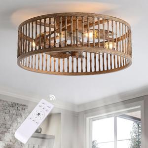 Rustic Looking Caged Ceiling Fan with Lights and Remote, 20 Inch Low Profile Flush Mount Fandelier, Bladeless/Quiet Motor Boho Fan Light for Bedroom, Dining Room, Kitchens, Living Room, Office