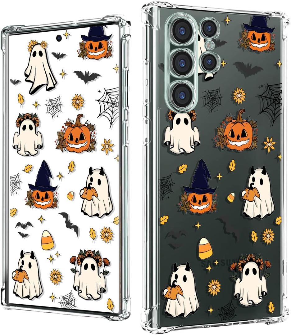 2 x Spooky Halloween Case for Samsung S24 Ultra, Slim Clear Cover with Cute Pumpkin & Ghost, Soft Touch Shockproof Bumper, 6.8" Protective Case