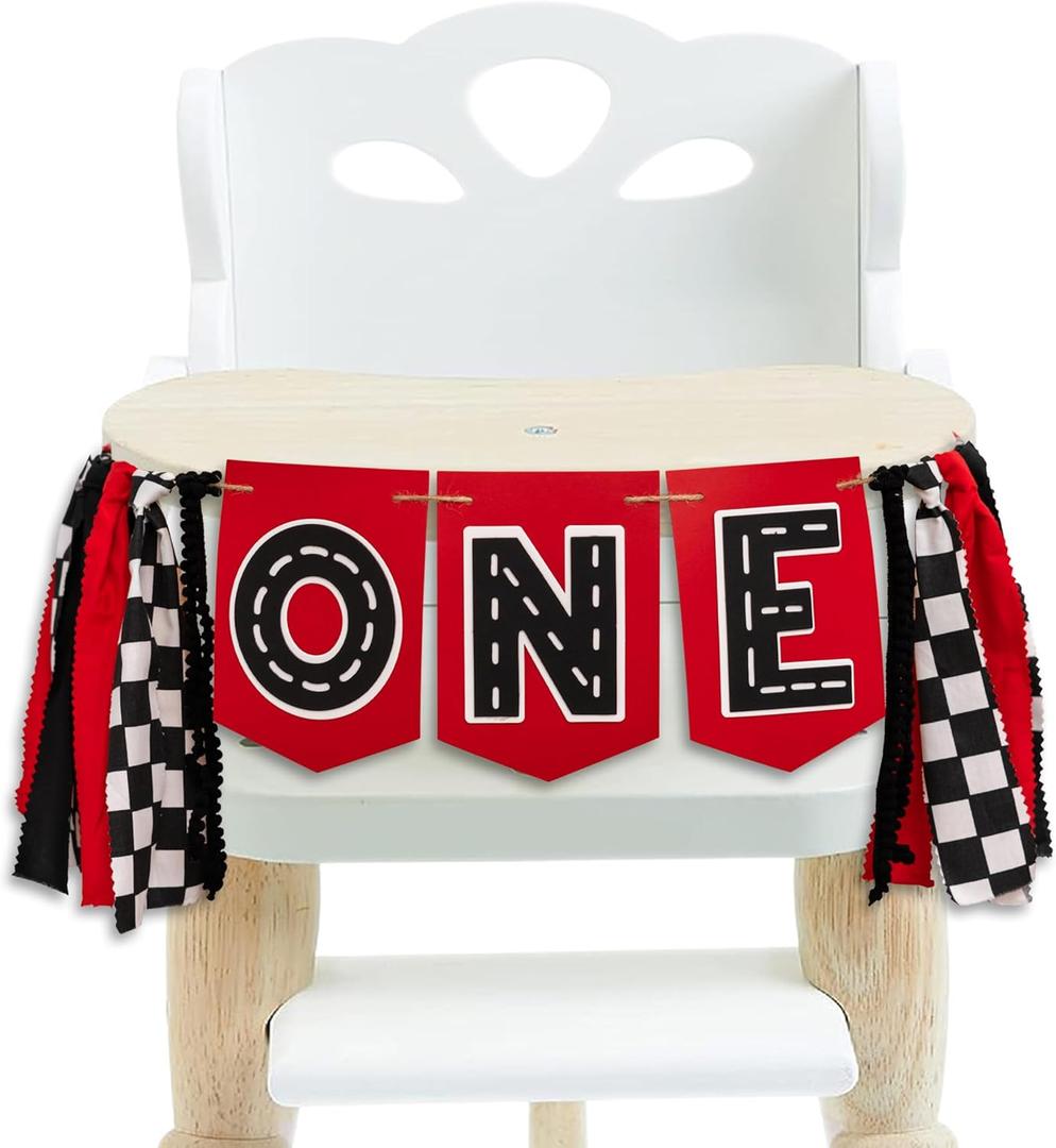 Racing Car High Chair Banner - Racr Car First Highchair Banner 1st Birthday, Fast One Birthday Party Decorations, Checkered Flag Racing Birthday Decorations for First Birthday, Cake Smash, Photo Props