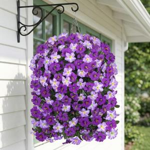 HyeFlora Artificial Flowers with Basket for Outdoors, 3pcs Faux Hanging Morning Glory Silk Fake Flowers Lifelike Plants UV Resistant Flowers for Outside Planter Patio Garden Porch Decor (Purple)