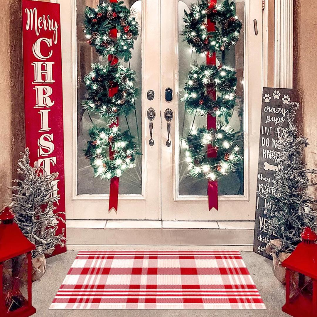 Christmas Red and White Plaid Rug, 3'x5 'Area Rug Indoor Outdoor Rug Front Porch Doormat Cotton Hand-Woven Farmhouse Layered Double Door Mats for Front Porch, Patio, Entryway, Laundry Room