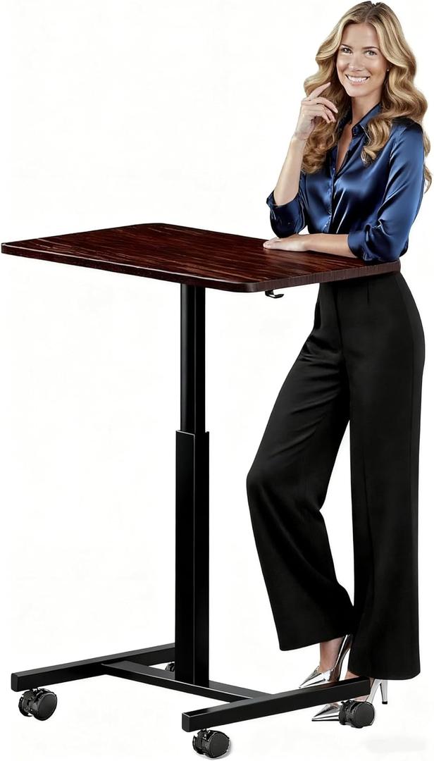 Mobile Small Standing Desk,Gas Spring Adjustable Height Rolling Portable Laptop Desk with Lockable Wheels, Computer Workstation for Home Office, Dark Walnut, With 4 locking wheels