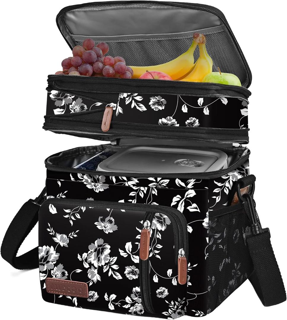 MIYCOO Lunch Bag & Lunch Box for Women Men, Double Deck Leakproof Insulated Soft Large Adult Camping Cooler bag for Work, Beach, Picnic, Travel (White Flower, 15L)