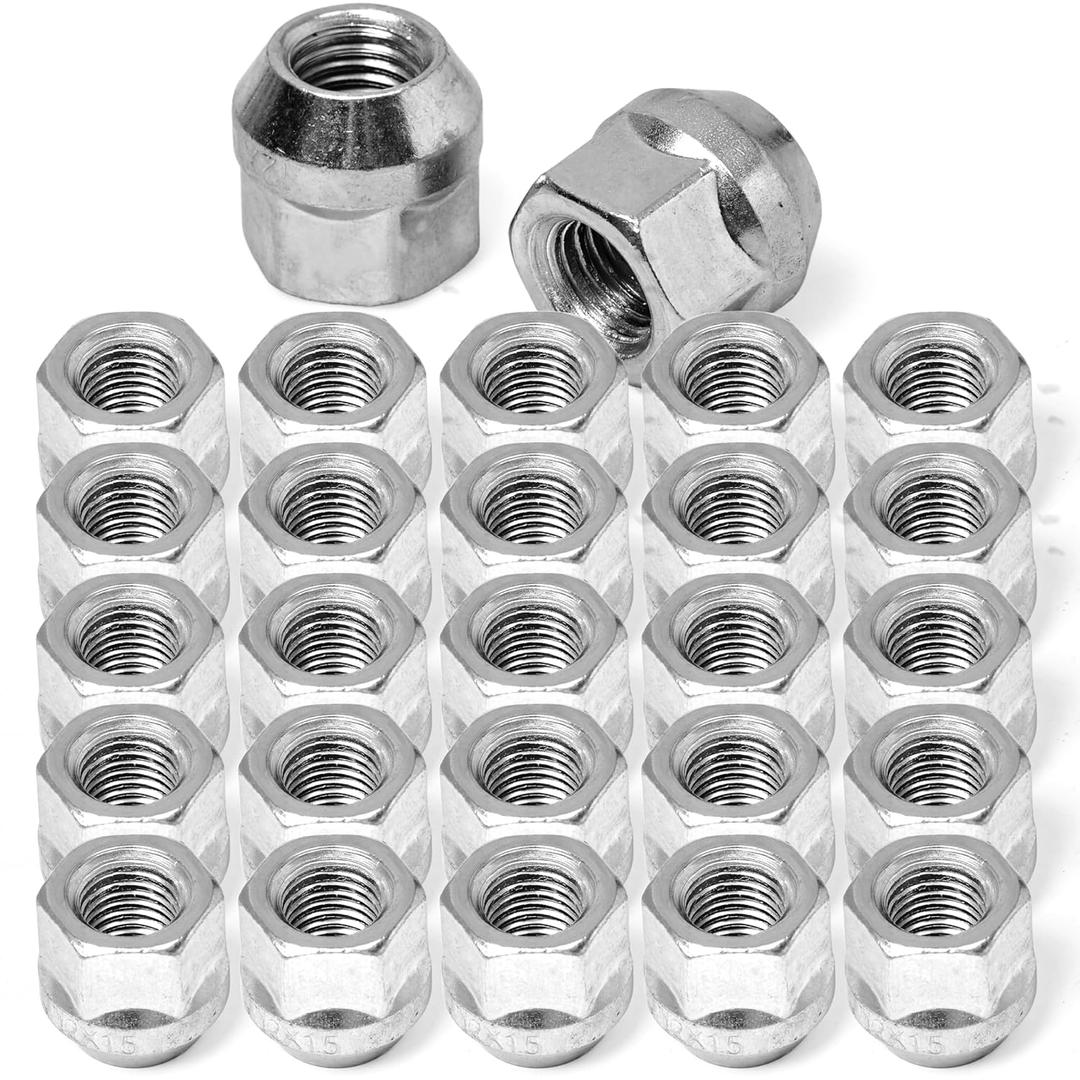 Bolt Dropper - M12-1.5 Open Ended Lug Nuts with Cone - Set of 25 - Premium Q235 Steel - Cold-Forged and Heat-Treated - Chrome Plated for Corrosion Resistance - Stainless Steel Finish - Wheel Lug Nuts