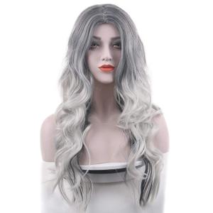 Besuante Beautyself Silver Grey Costume Wigs for Women Halloween Curly Long Wavy Fashion Cosplay Ombre Black Mix Gray Hair Wigs with Wig Cap