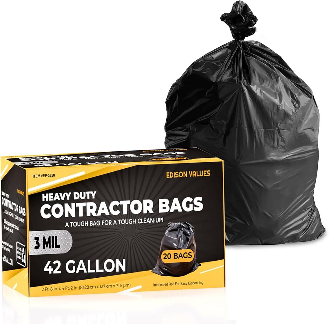 Contractor Garbage Bags 42 Gallon - Pack Of 20 Black 3 mil Strength Heavy Duty Trash Bags Garbage Bags, 32X46 Heavy Duty Plastic Construction Contractor Bags - Trash Can Liners
