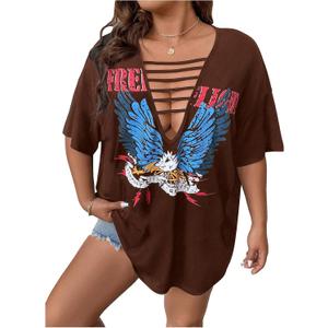 SOLY HUX Women's Plus Size Letter Graphic Tees Cut Out Deep V Neck Half Sleeve T Shirts Tops (Brown, XL)