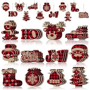 36 Pieces Christmas Buffalo Plaid Hanging Ornaments Christmas Tree Wooden Hanging Decor Wooden Christmas Ornaments Snowflake Reindeer Snowman Plaid Christmas Decor, 12 Styles(Black Red)