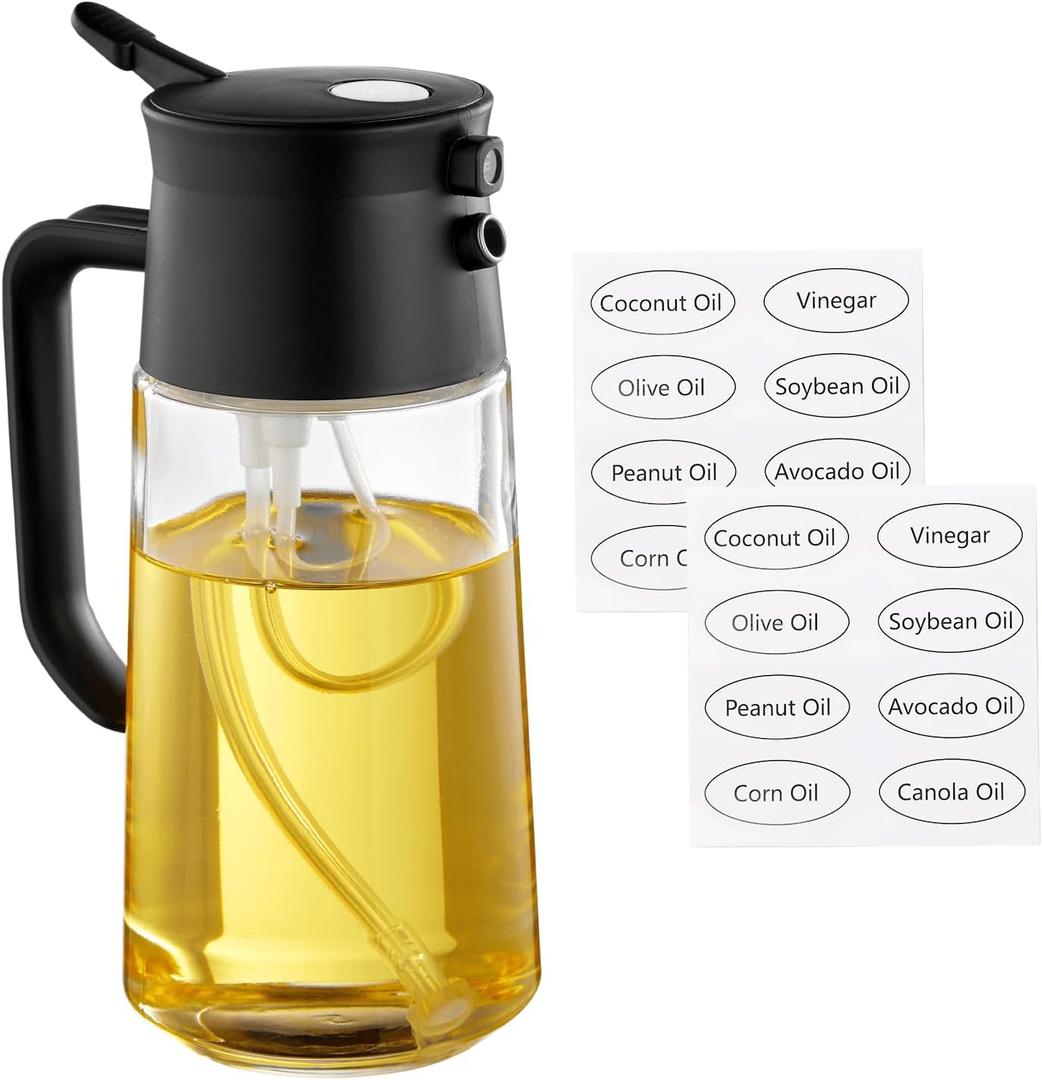 With Stickers 17 oz Olive Oil Sprayer for Cooking - 2 in 1 Spray & Pour Olive Oil Dispenser - 500 ml Glass Spray Oil Bottle