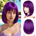 NOTICEME 14 Inch Purple Bob Wig with Bangs, Short Straight Synthetic Heat Resistant Wigs for Women with Adjustable Straps & Wig Cap for Party Cosplay Daily Use