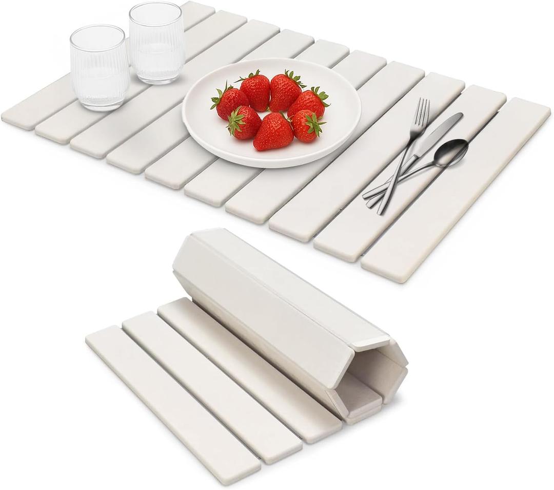 Stone Dish Drying Mat for Kitchen Counter  24" x 16" Foldable Diatomaceous Earth Mat, Quick Dry & Ultra Absorbent, Non-Slip Drying Pad for Dishes, Bottles, Cups  White Minimalist Design