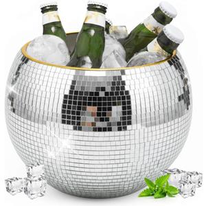 9.8 Inch Disco Ball Ice Bucket, Mirror Silver Cooler for Wine, Beer & Champagne, Perfect Retro Party Accessory