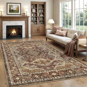 Rugland 5x7 Area Rugs - Stain Resistant Washable Rug, Anti Slip Backing Rugs for Living Room, Vintage Tribal Area Rugs (TPR07-Rust, 5'x7')