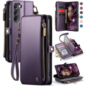 Defencase Compatible with Galaxy S21 FE 5G Case Wallet with RFID Blocking Card Holder for Women Men, PU Leather Magnetic Snap Flip Zipper Strap Phone Case Fit for Samsung Galaxy S21 FE 5G, Purple