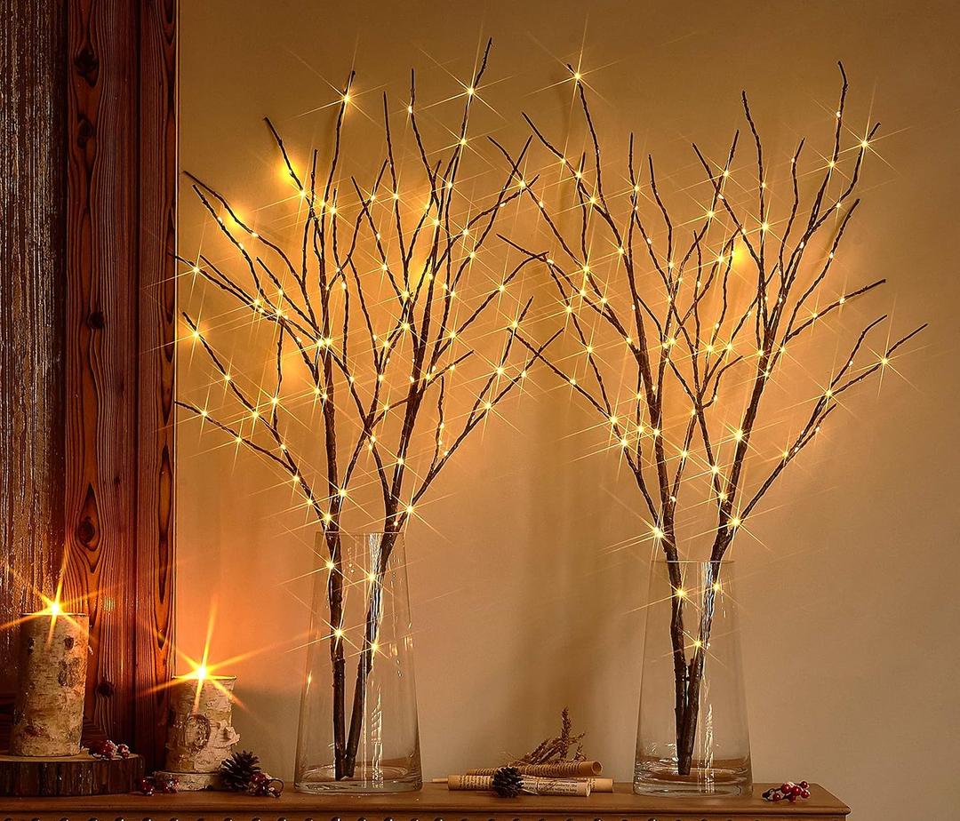Hairui Lighted Twig Brown Tree Branch with Fairy Lights 32in 100 LED Battery Operated Lighted Willow Branch for Home Christmas Wedding Party Decoration 2Set (Vase Excluded)