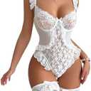 Aranmei Women Sexy Lingerie Bodysuit Floral Lace Teddy Babydoll Snap Crotch Ruffle One Piece with Thigh Bands XXL