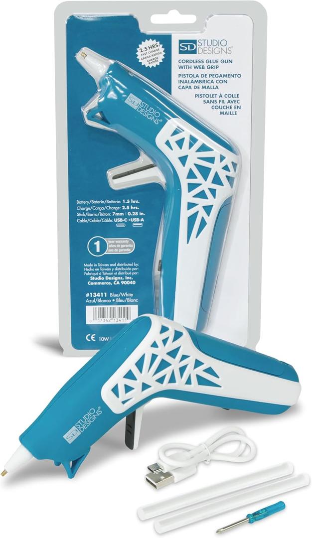Cordless Hot Glue Gun with Web Grip Precision Nozzle Anti-Drip, LED Guiding Light USB-C Rechargeable Blue/White