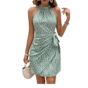 Women's Summer Dress Dot Print Halter Neck Tie Waist Casual Zipper Back Sundress Vacation Beach Size XS