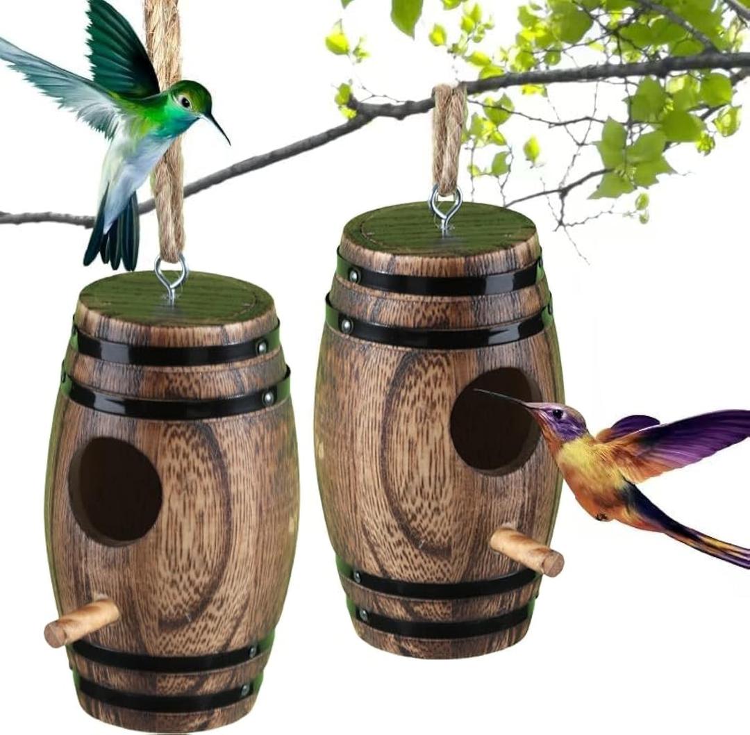 2 Pack Hummingbird Houses for Outside, DY-SKTY Wooden Hummingbird House for Nesting, Hanging Bird Houses for Outdoors with Pole, Unique Garden Gifts Home Decoration