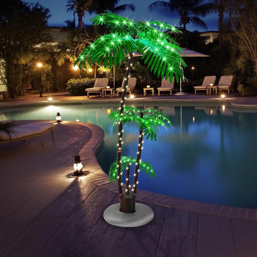 Artificial Lighted Palm Tree, Palm Trees for Outside Patio for Home Decor Outdoor, Christmas, Hawaiian, Jungle, Home Party, Pool, Beach, Patio Decor (6FT, 3-Trunk)