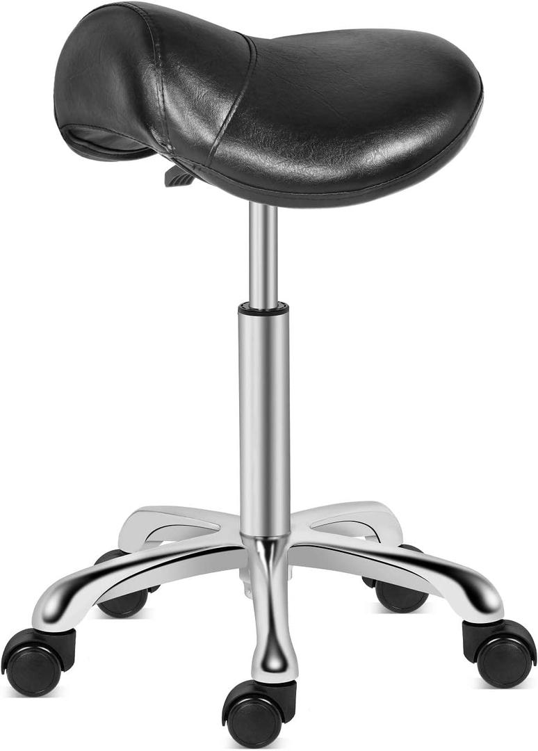 Kaleurrier Saddle Stool Rolling Swivel Height Adjustable with Wheels,Heavy Duty Stool,Ergonomic Stool Chair for Lab,Clinic,Dentist,Salon,Massage,Office and Home Kitchen (Black, Without Back), 14 X 16"