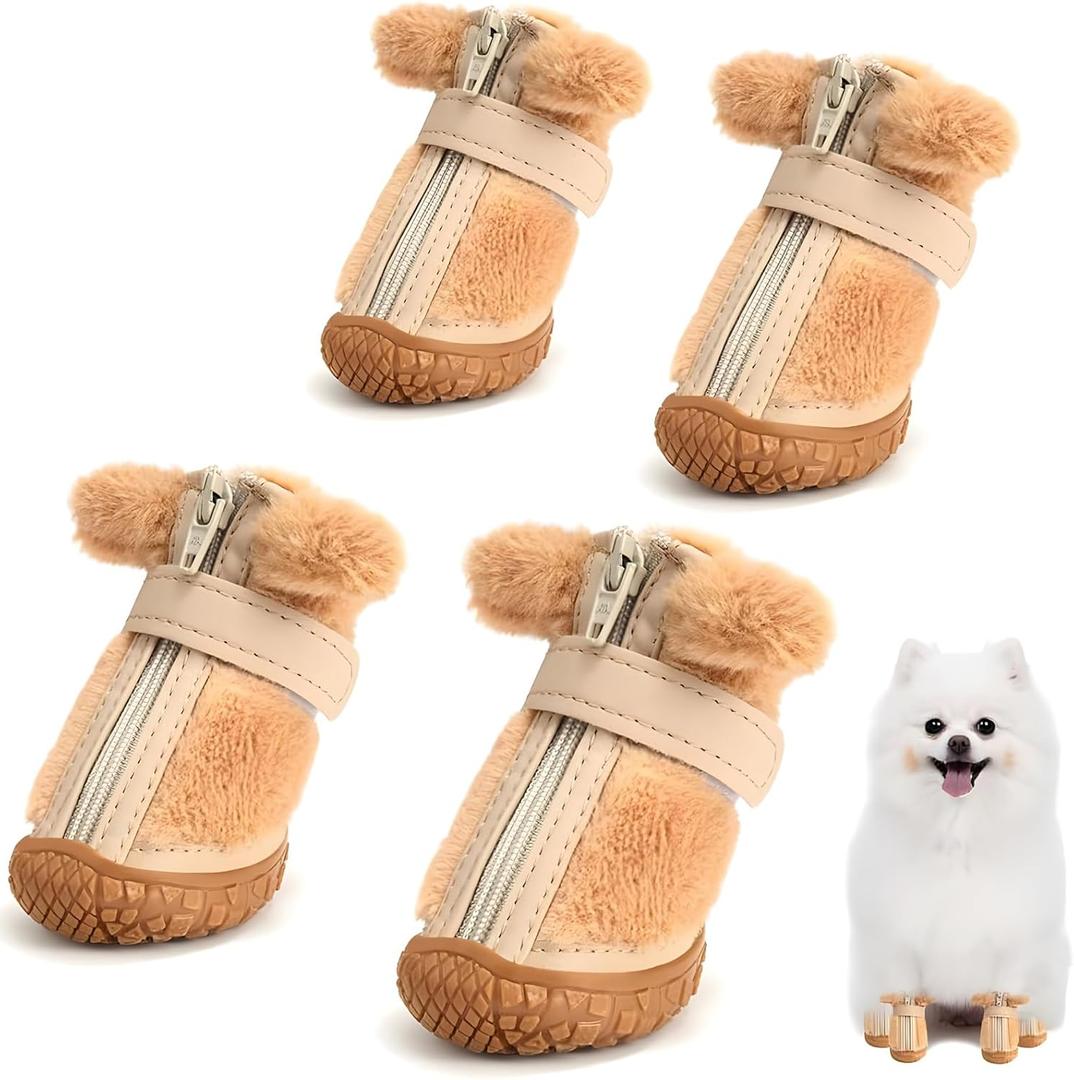 Dog Shoes for Small Dogs, Fleece Dog Boots Paw Protector for Comfort and Warmth, Dog Booties with Anti-Slip Sole for Winter Snow Hardwood Floors Walking Brown Size 2, #2 (Width 1.29 inch) for 6.6-11.0 lbs