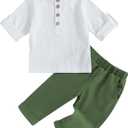 Karuedoo Toddler Baby Boy Clothes Cotton Linen Henley Shirts Button Down Long Sleeve Shirts Casual Pants Set (White)