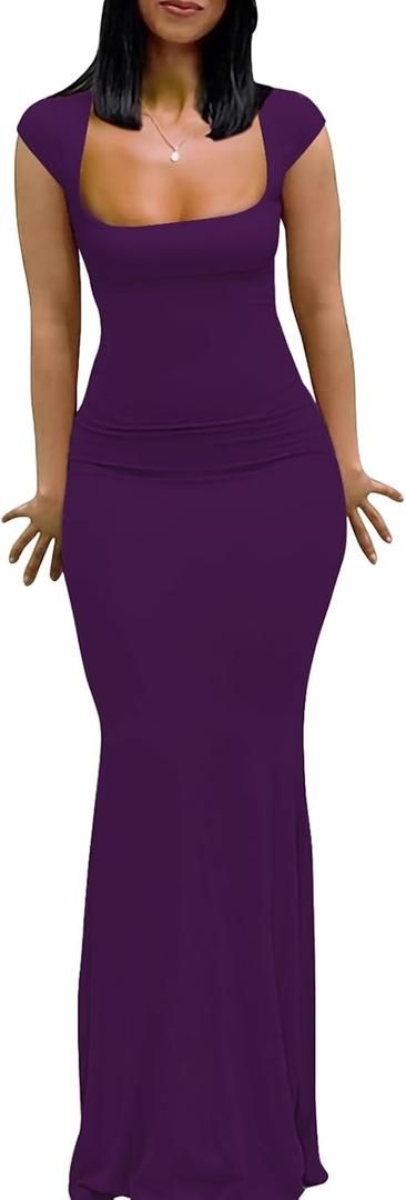 Womens Summer Cap Sleeve Square Neck Elegant Casual Lounge Bodycon Slim Maxi Evening Party Long Dress (Small, Dark Purple)
